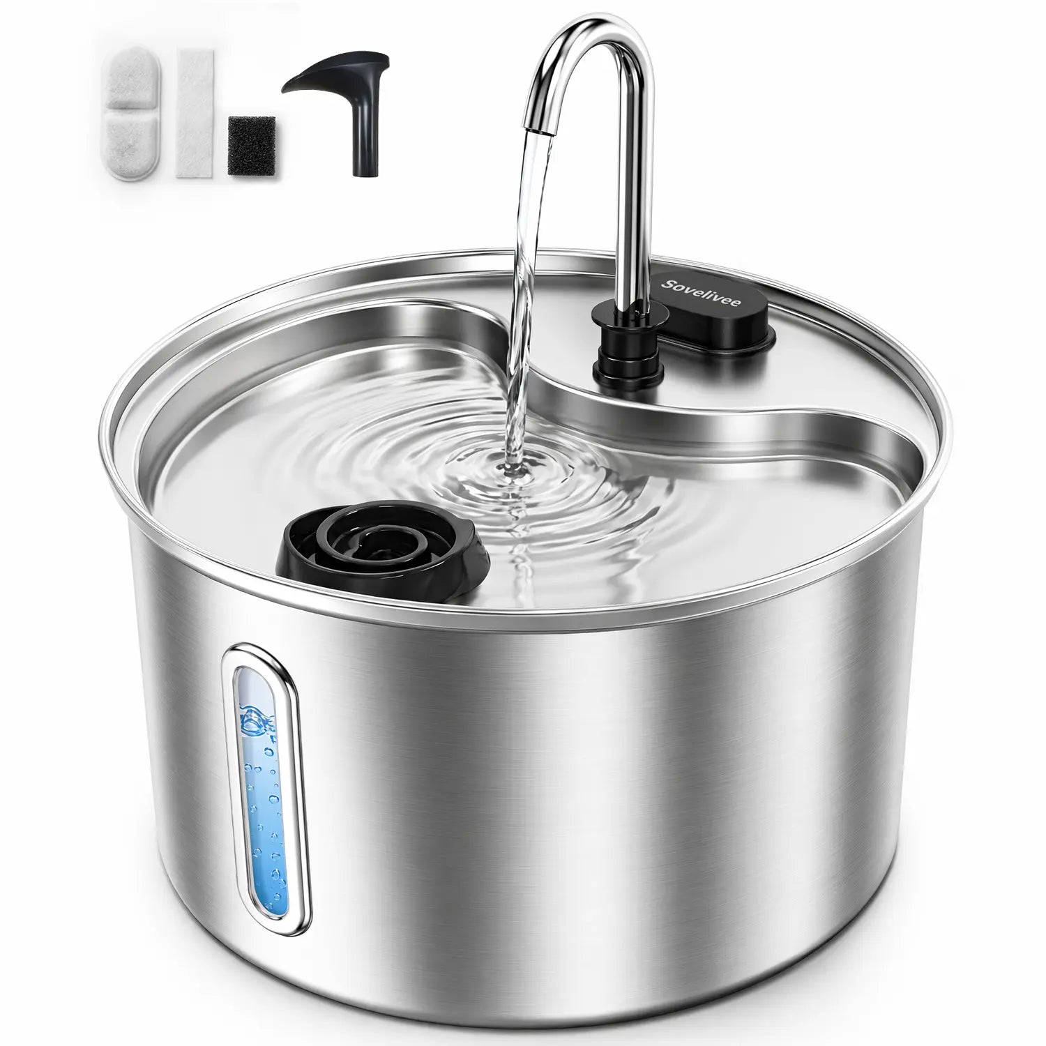 Sovelivee 3.5L 304 Stainless Steel Dual Flow Pet Water Fountain with Water Level Indicator, Low-Water Alert, and Dry-Run Protection for Cats and Small Dogs
