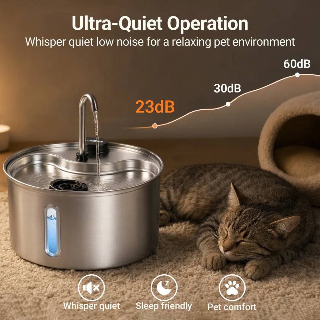 Sovelivee 3.5L 304 Stainless Steel Dual Flow Pet Water Fountain with Water Level Indicator, Low-Water Alert, and Dry-Run Protection for Cats and Small Dogs