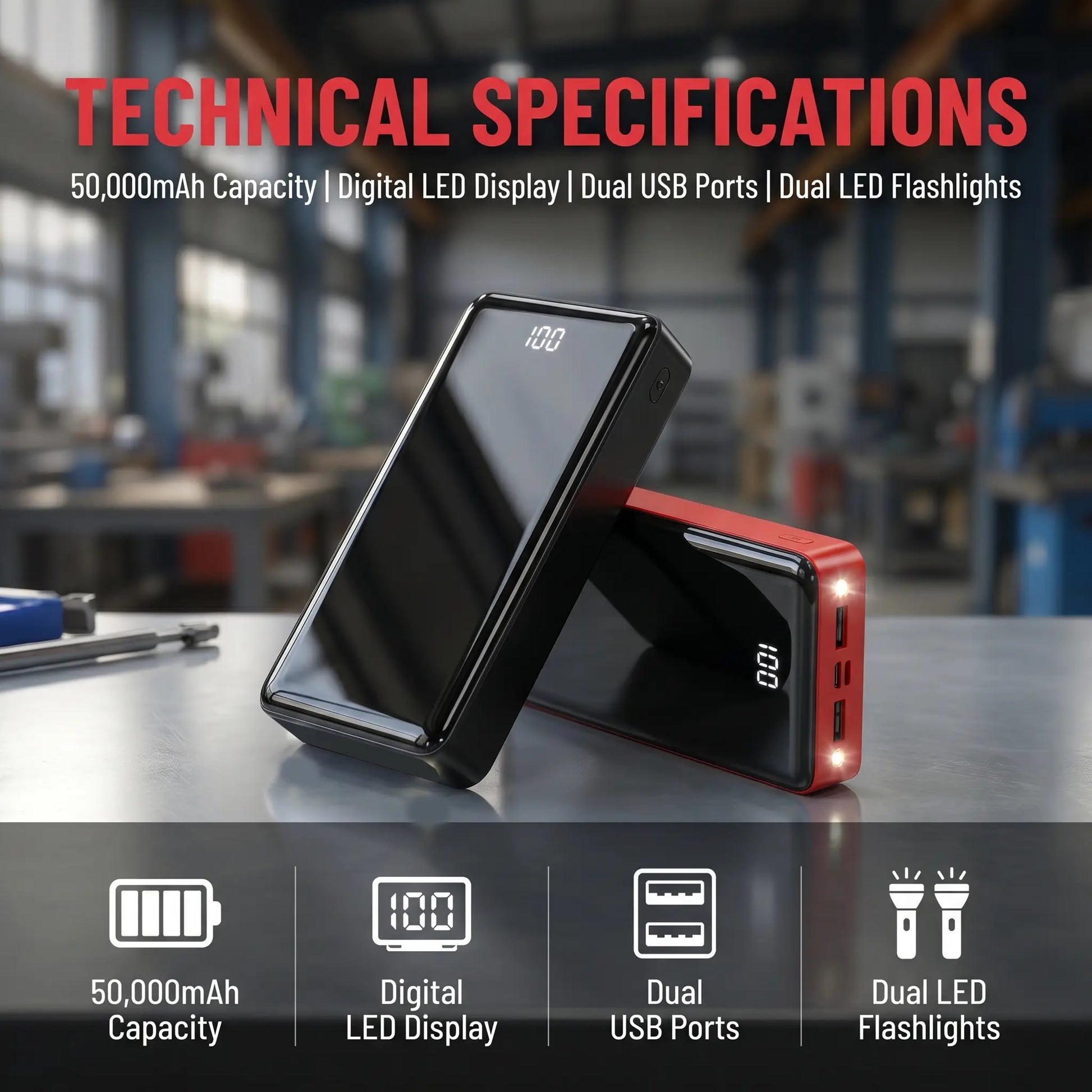 Ultra High Capacity 50000mAh Portable Power Bank - 22.5W Fast Charging, Dual Input/Output, LED Display & Flashlight for iPhone & Android